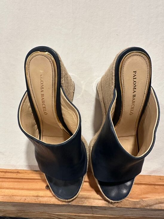 Paloma Barcelo Shoes - Paloma Barcelo Navy Leather Espadrille Platform Wedge Mule Sandals EU 39 Spain